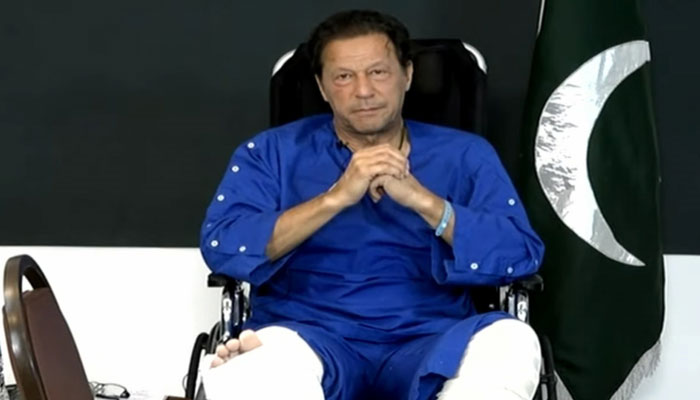 Prime Minister Imran Khan addresses a press conference at Shaukat Khanum Hospital Lahore on October 4, 2022. — YouTube Screengrab via Geo News