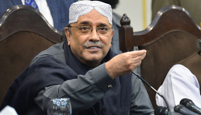 Former president Asif Ali Zardari speaks during a press conference after submitting the no-trust motion against Imran Khan on march 8, 2022.  — AFP/File