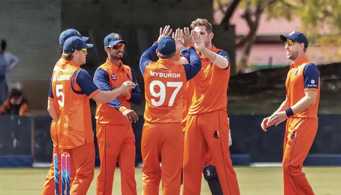 Netherlands celebrate a wicket at a T20 World Cup match. — Twitter/File