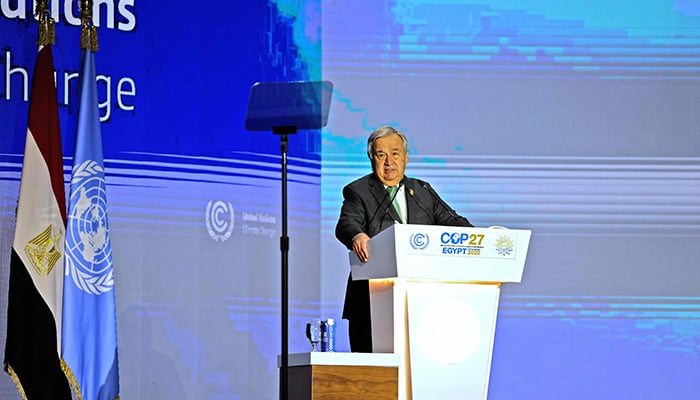 United Nations Secretary General Antonio Guterres delivers a speech at the leaders summit of the COP27 climate conference at the Sharm el-Sheikh International Convention Centre, in Egypt´s Red Sea resort city of the same name, on November 7, 2022. — AFP