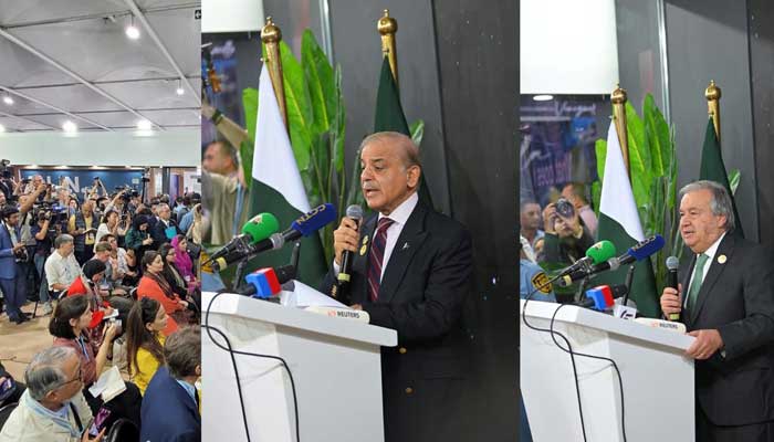 Prime Minister Shahbaz Sharif and UN Secretary-General Antonio Guterres addressing a joint press conference at Pakistan Pavilion in International Congress Centre on the sidelines of COP-27. — PID