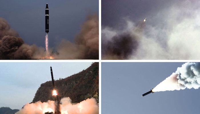 This combination of images taken between November 2, 2022 and November 5, 2022 and released on November 7, 2022 by North Korea´s official Korean Central News Agency (KCNA) shows various missile tests being performed by the North´s Korean People´s Army at undisclosed locations.— AFP