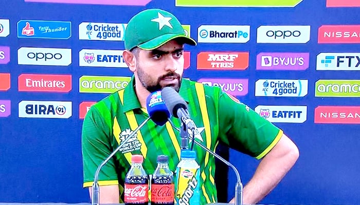 Pakistan skipper Babar Azam speaks during a post-match press conference in Sydney, on November 9, 2022. — Photo by author
