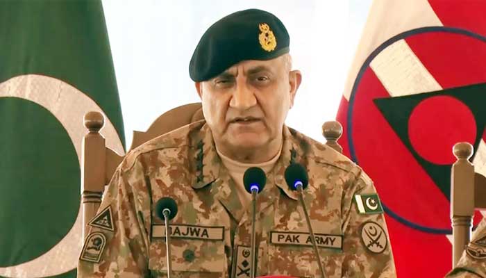 Chief of Army Staff (COAS) General Qamar Javed Bajwa addresses troops during visit to Peshawars Corps Headquarters. — Radio Pakistan