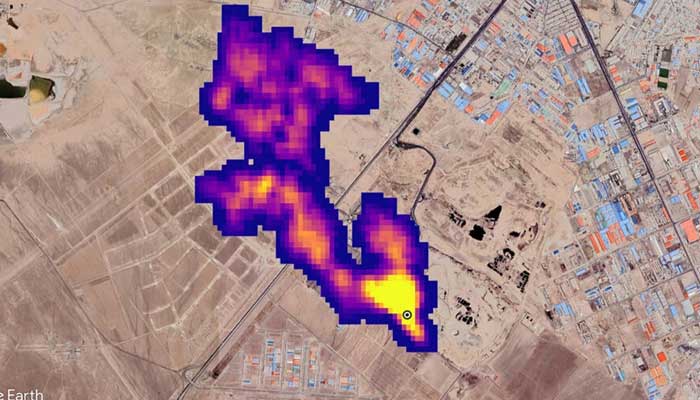 This handout satelliste image courtesy of NASA/JPL-Caltech shows a methane plume at least 3 miles (4.8 kiloemtres) long detected by NASAs Earth Surface Mineral Dust Source Investigation mission – AFP