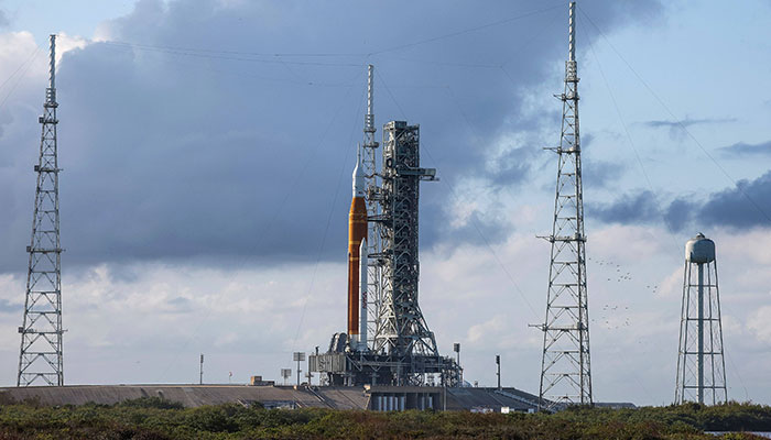 NASAs Space Launch System (SLS) rocket with the Orion spacecraft atop rests on launch pad 39B as final preparations are made for the Artemis I mission at NASAs Kennedy Space Center on November 14, 2022 in Cape Canaveral, Florida. — AFP