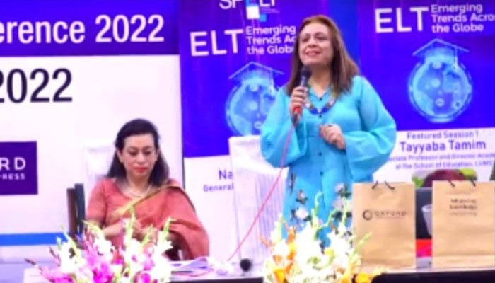 (L-R) Maliha Ahmed, Associate Chair, Conference Professional Council, and Lubna Mohyuddin, Joint Secretary, Spelt, in person at the conference. — Screenshot from online meeting