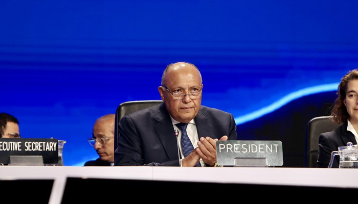 COP27 climate summit President Sameh Shoukry claps during the closing plenary at the COP27 climate summit in Red Sea resort of Sharm el-Sheikh, Egypt, November 20, 2022. — Twitter/COP27P