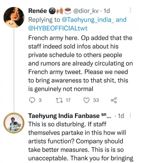 HYBEs staff member offers BTS Vs private schedule to Paris media, Army reacts