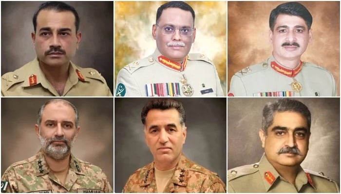 (From left to right) Lieutenant General Asim Munir, Lt Gen Sahir Shamshad Mirza, Lt Gen Azhar Abbas, Lt Gen Nauman Mahmood, Lt Gen Faiz Hamid and Lt Gen Mohammad Aamer.