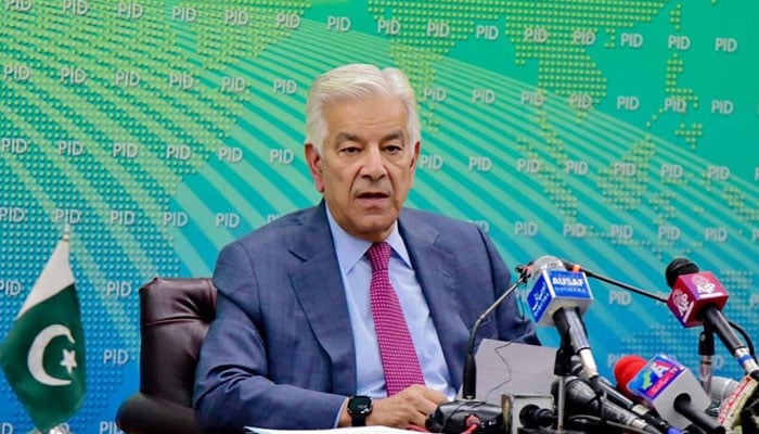 Defence Minister Khawaja Asif addresses a press conference in Islamabad on Wednesday. — PID website