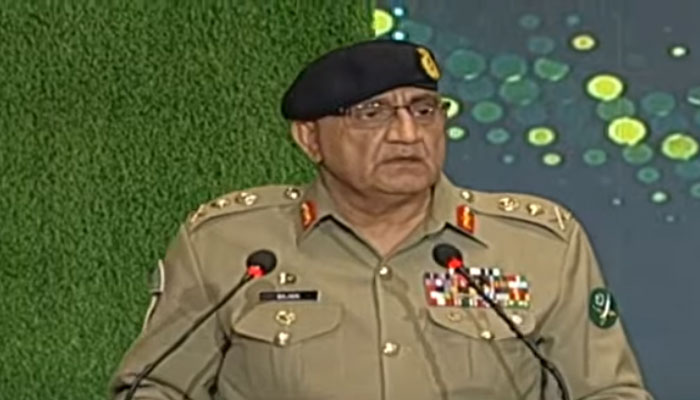 Chief of Army Staff General Qamar Javed Bajwa addressing the Defence and Martyrs’ day ceremony at GHQ Rawalpindi on November 23, 2022. — YouTube Screengrab via PTV News