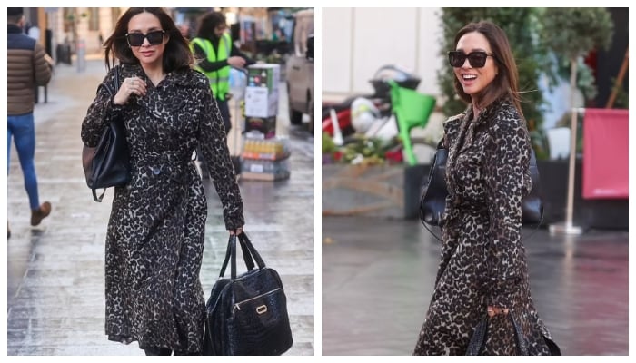 Myleene Klass looks effortlessly chic in leopard print coat as she arrives at Smooth FM