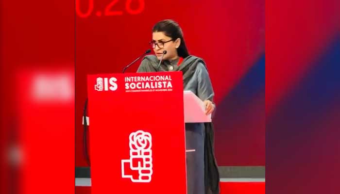 Federal Minister for Poverty Alleviation and Social Safety and Chairperson Benazir Income Support Program Shazia Marri speaks during the 26th Socialist International Congress in Madrid, Spain. — Screengrab via Twitter/@ShaziaAttaMarri