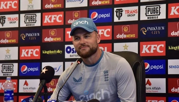 Englands head coach Brendon McCullum speaks during a press conference on Monday in Rawalpindi. — PCB