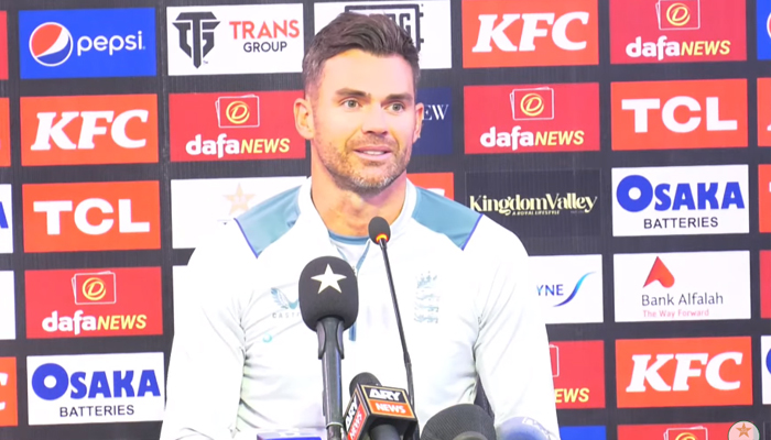 England’s veteran fast bowler James Anderson addresses a press conference at the Pindi Cricket Stadium before the first Test in Rawalpindi on November 29, 2022. — YouTube/PCB