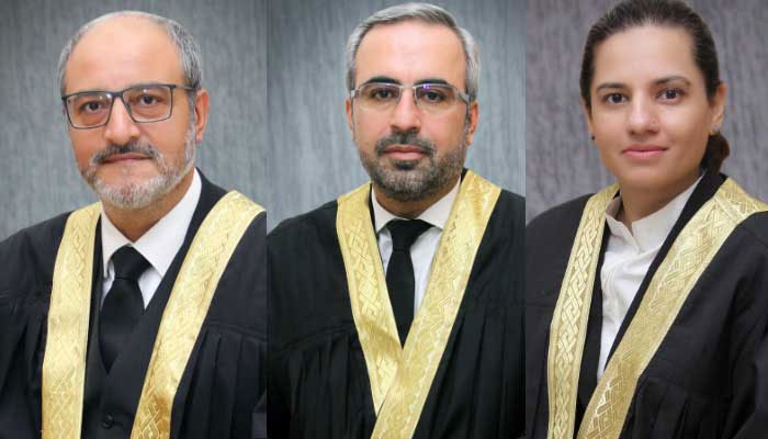 This combination photo shows Justice Sardar Ejaz Ishaq Khan (L), Justice Arbab Muhammad Tahir (C) and Justice Saman Rafat Imtiaz — Islamabad High Court website