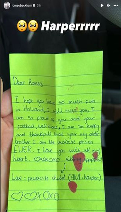 Harper Seven Beckham pens heartfelt letter for brother Romeo ahead of Holland trip