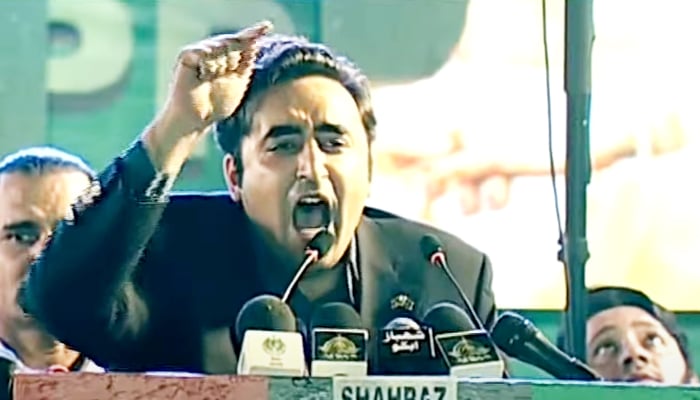 PPP Chairman and Foreign Minister Bilawal Bhutto-Zardari address PPPs 55th foundation day in Karachi on November 30, 2022. — YouTube Screengrab via PTVNewsLive