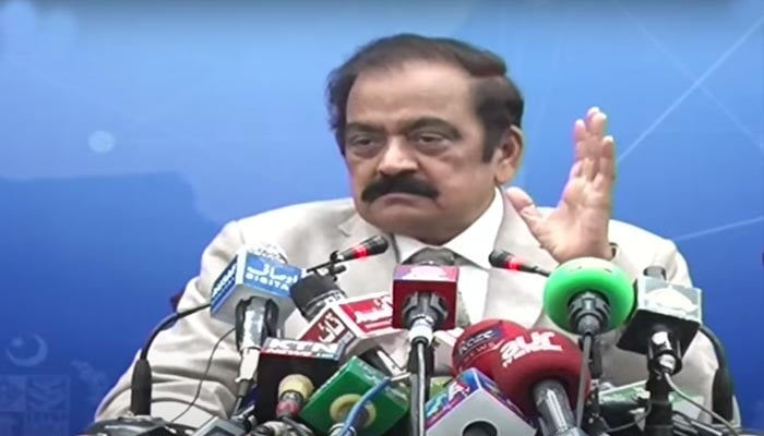 Interior Minister Rana Sanaullah addressing a press conference in Islamabad. — PTV News screengrab/You Tube