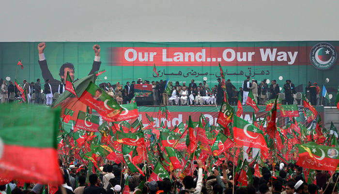 An undated image of PTIs jalsa held in Lahore after party chief Imran Khans ouster in April. — Twitter/@PTIofficial