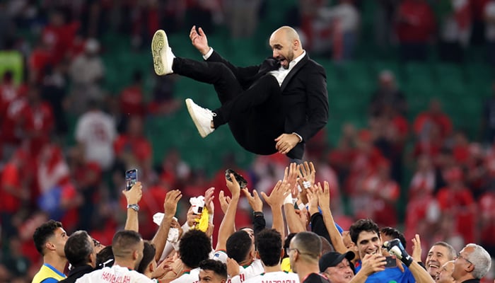 Morocco players throw coach Walid Regragui in the air after beating Canada at the World Cup in Qatar on December 1, 2022. — Twitter/FIFAWorldCup