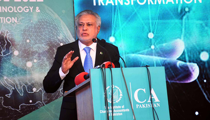 Federal Minister for Finance and Revenue, Senator Mohammad Ishaq Dar addresses during the All Pakistan Chartered Accountants Conference 2022 on Sustainability, Technology and Transformation held in Islamabad on October 19, 2022. — PPI