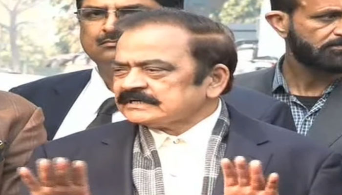 Interior Minister Rana Sanaullah speaks to media in Lahore. — YouTube live stream screengrab/GeoNews