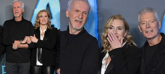 Kate Winslet is all smiles after reuniting with Titanic director James Cameron