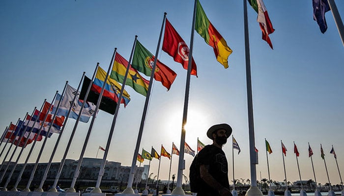 An undated image of flags hoisted in Qatar for the World Cup. — AFP/File