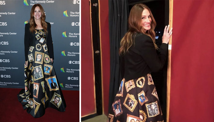 Julia Roberts honours BFF George Clooney in custom dress covered in his photos