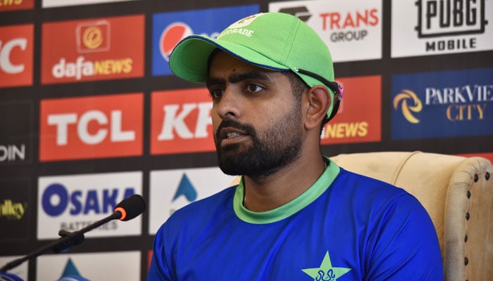 Pakistan skipper Babar Azam addressing a press conference in Multan. — Twitter/@TheRealPCB