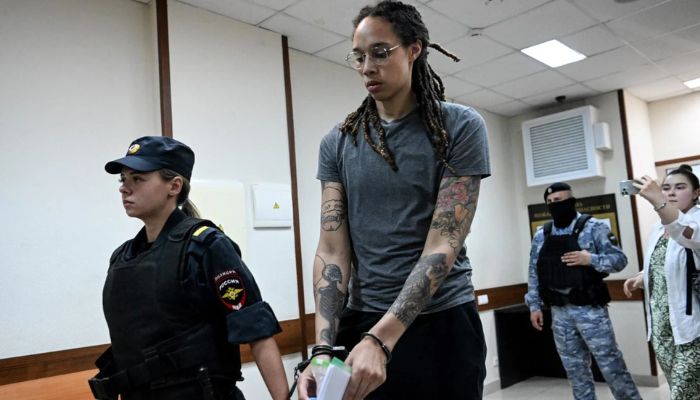US basketball player Brittney Griner leaves the courtroom before the courts final decision in Khimki outside Moscow on 4 August 2022.— AFP