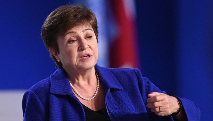 IMF Managing Director Kristalina Georgieva speaks during a panel discussion at the COP26 U.N. Climate Summit in Glasgow, Scotland, Nov. 3,2021.— AFP