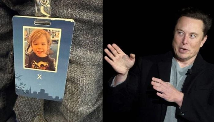 A photo of Musks sons access badge (l), Elon Musk during a press conference at SpaceX´s Starbase facility (r).— Twitter/@elonmusk, AFP