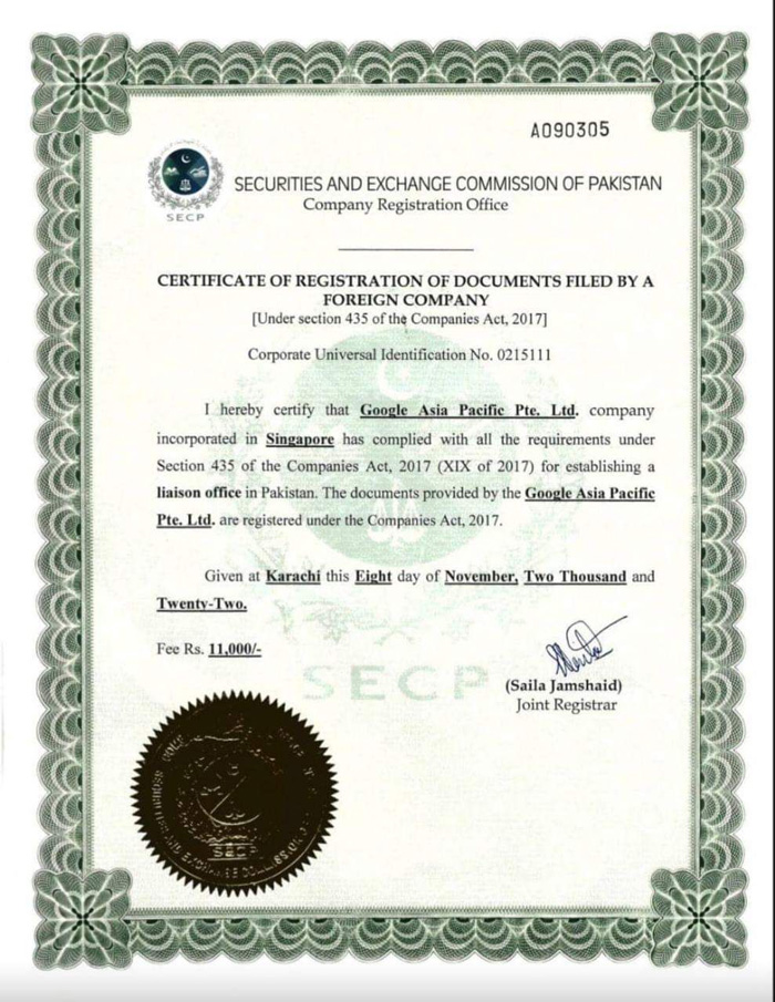 Google'ın Pakistan Menkul Kıymetler ve Borsa Komisyonu kayıt sertifikası.  — Yazara göre fotoğraf