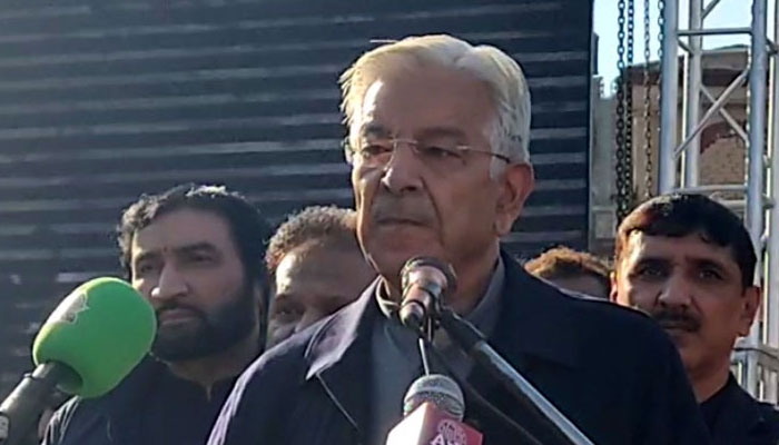 Defence Minister Khawaja Asif addresses the Pakistan Muslim League-Nawaz workers convention in Sialkot. — Radio Pakistan