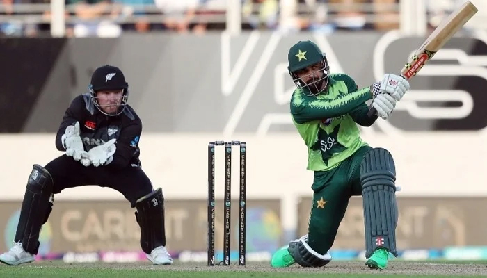 Shadab Khan plays a shot during match against New Zealand — AFP