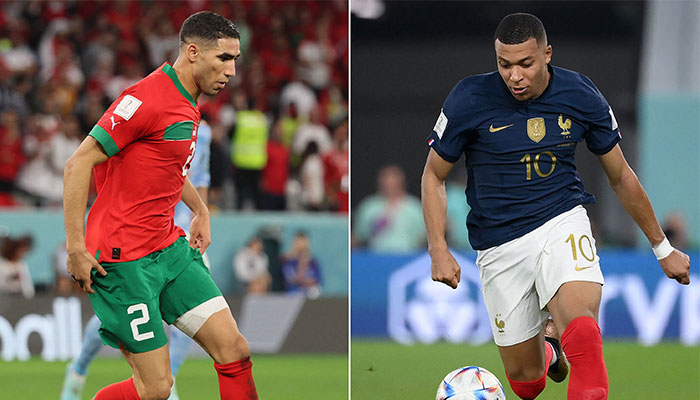This combination picture created on December 12, 2022 during the Qatar 2022 World Cup football tournament shows Morocco´s defender #02 Achraf Hakimi (L) on December 6, 2022 and France´s forward #10 Kylian Mbappe, in Doha on November 26, 2022. — AFP