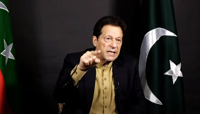 Former prime minister and Pakistan Tehreek-e-Insaf Chairman Imran Khan addresses a press conference via video link on December 14, 2022. — YouTube Screengrab via GeoNews