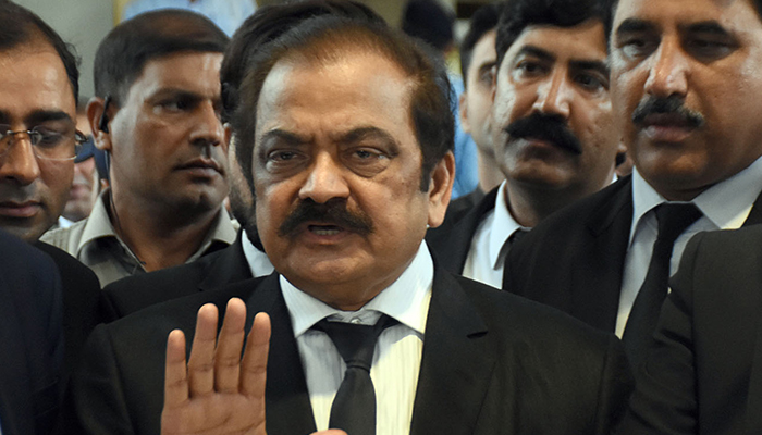 Minister for Interior Rana Sanaullah Khan speaks to journalists outside the Supreme Court in Islamabad on July 25, 2022. — Online