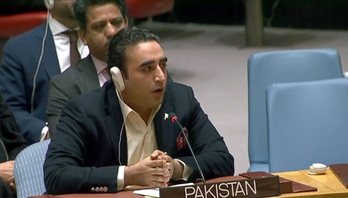 Foreign Minister Bilawal Bhutto Zardari addresses United Nations Security Council in New York. — APP