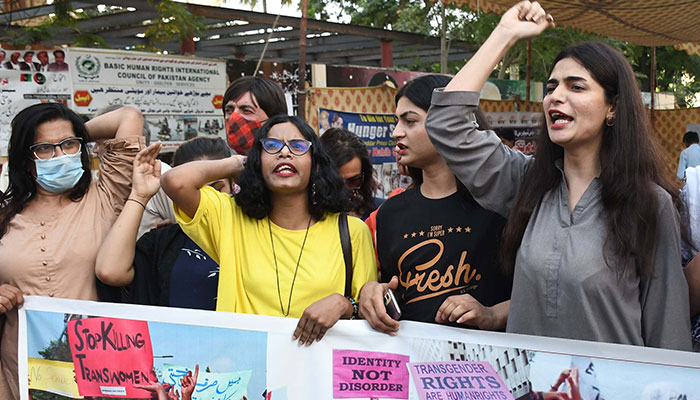 Members of the transgender community chant slogans during a protest in Karachi on October 11, 2022. — Online