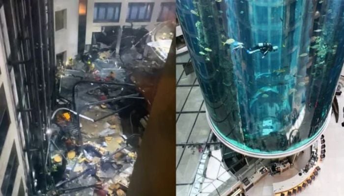 A giant aquarium containing around 1,500 tropical fish burst in Berlin on Friday, flooding a hotel lobby and a nearby street and leaving two people injured.— Reddit via rbb24.de