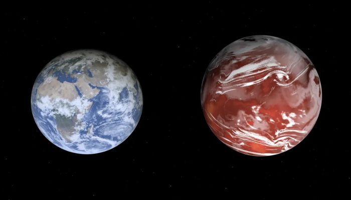 On the left is Earth and on the right is NASAs hypothetical visualisation of Kepler-138 d.— Screengrab via NASA Exoplanet Catalog