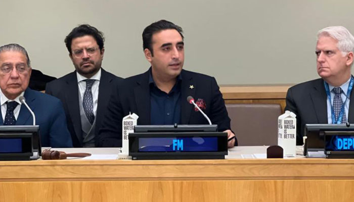 Foreign Minister Bilawal Bhutto-Zardari addresses an event to commemorate the 8th anniversary of the terrorist attack on Army Public School in Peshawar. — Twitter/@PakistanUN_NY