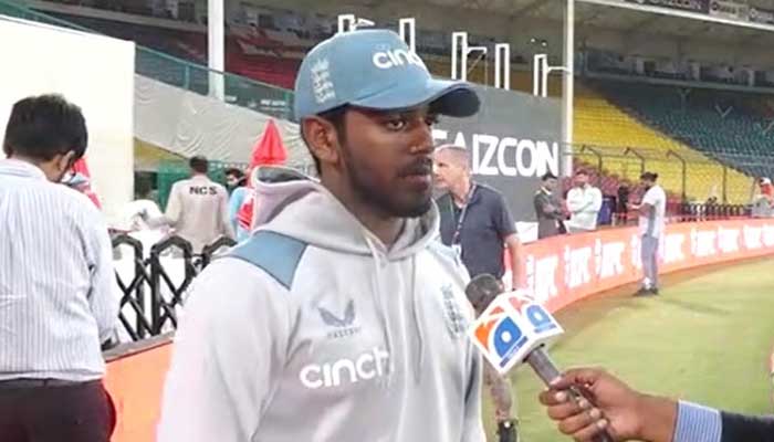 English cricketer Rehan Ahmed speaks to Geo News at the Karachi National Stadium on December 17, 2022. — Photo by author