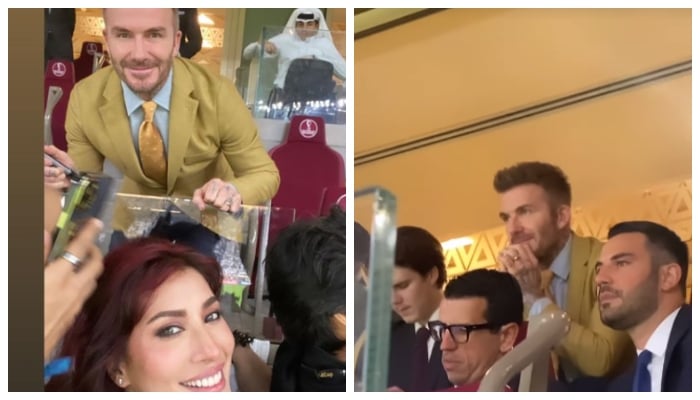 Mehwish Hayat all smiles as she poses with David Beckham at FIFA World Cup Finale