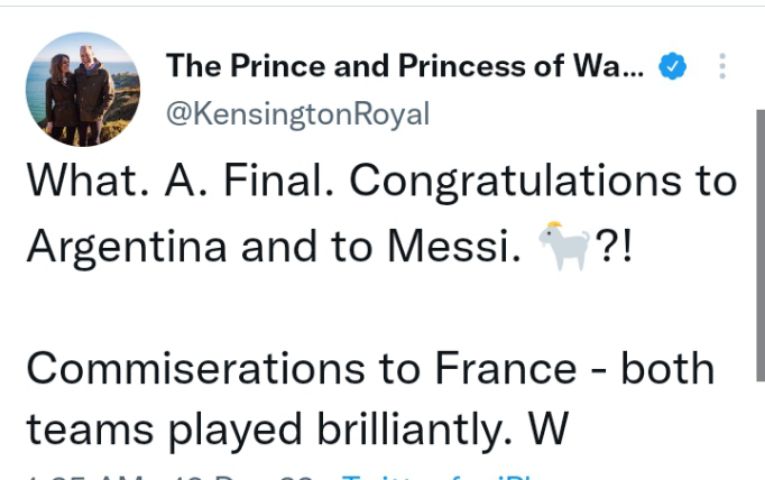 Prince William uses goat emoji after Messis name after FIFA win