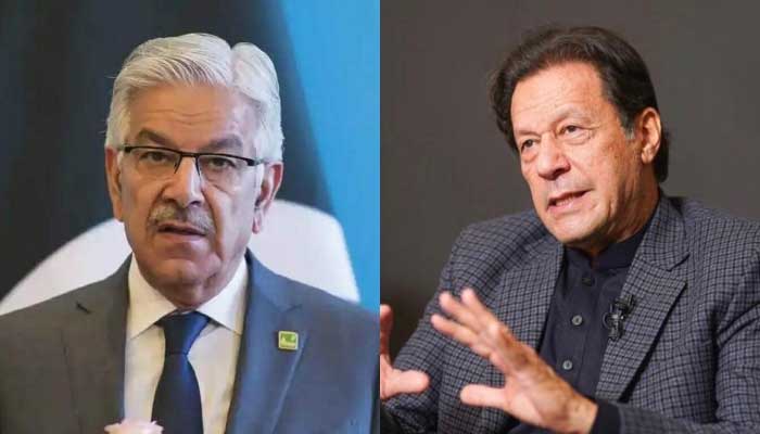 Defence Minister Khawaja Asif (L) and Pakistan Tehreek-e-Insaf chief Imran Khan. — APP/Instagram/@imrankhan.pti